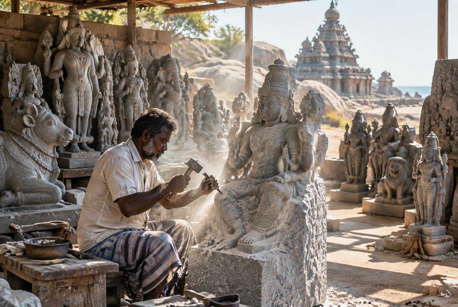 Talleres de talla en piedra de Mahabalipuram